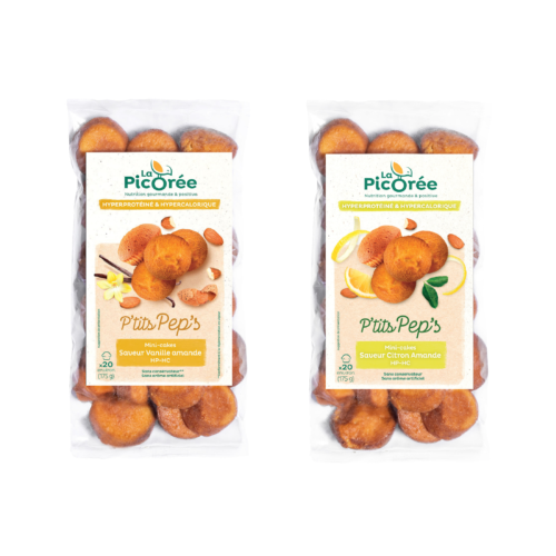 Photo d'un sachet de P'tits Pep's saveur Vanille Amande et d'un sachet de P'tits Pep's saveur Citron Amande