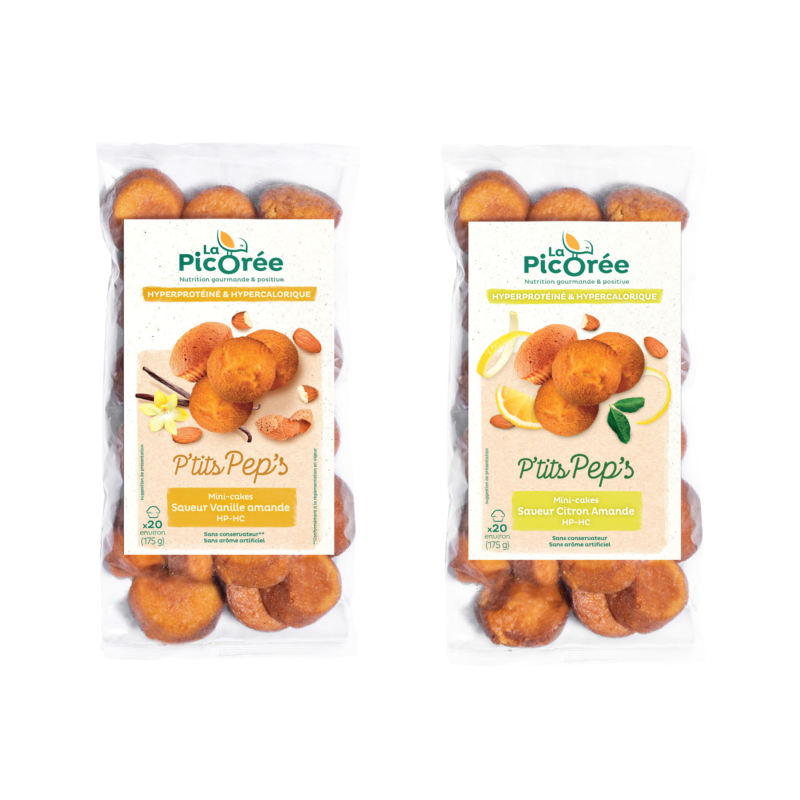 Photo d'un sachet de P'tits Pep's saveur Vanille Amande et d'un sachet de P'tits Pep's saveur Citron Amande